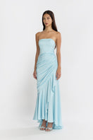 Blue corset draped maxi dress by Stolen Stores showing a fitted bodice and flowing skirt in a stylish evening look.
