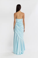 Blue corset draped maxi dress by Stolen Stores, featuring a fitted corset top and flowing skirt, perfect for elegant occasions.