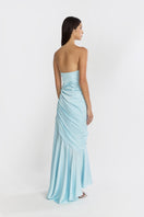 Blue corset draped maxi dress by Stolen Stores featuring a fitted bodice and flowing skirt for elegant, stylish wear.
