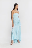 Blue corset draped maxi dress by Stolen Stores with a fitted bodice and flowing skirt, perfect for elegant occasions.