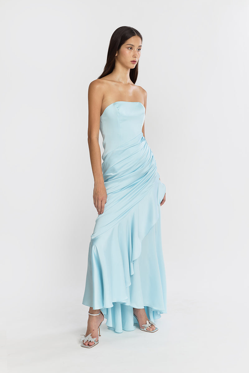 Blue corset draped maxi dress by Stolen Stores with a fitted bodice and flowing skirt, perfect for elegant occasions.