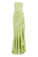 Green corset draped maxi dress by Stolen Stores, featuring a fitted bodice and flowing skirt for elegant evening wear.