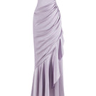 Dusty purple corset draped maxi dress by Stolen Stores, featuring a fitted corset top and flowing skirt for elegant style.