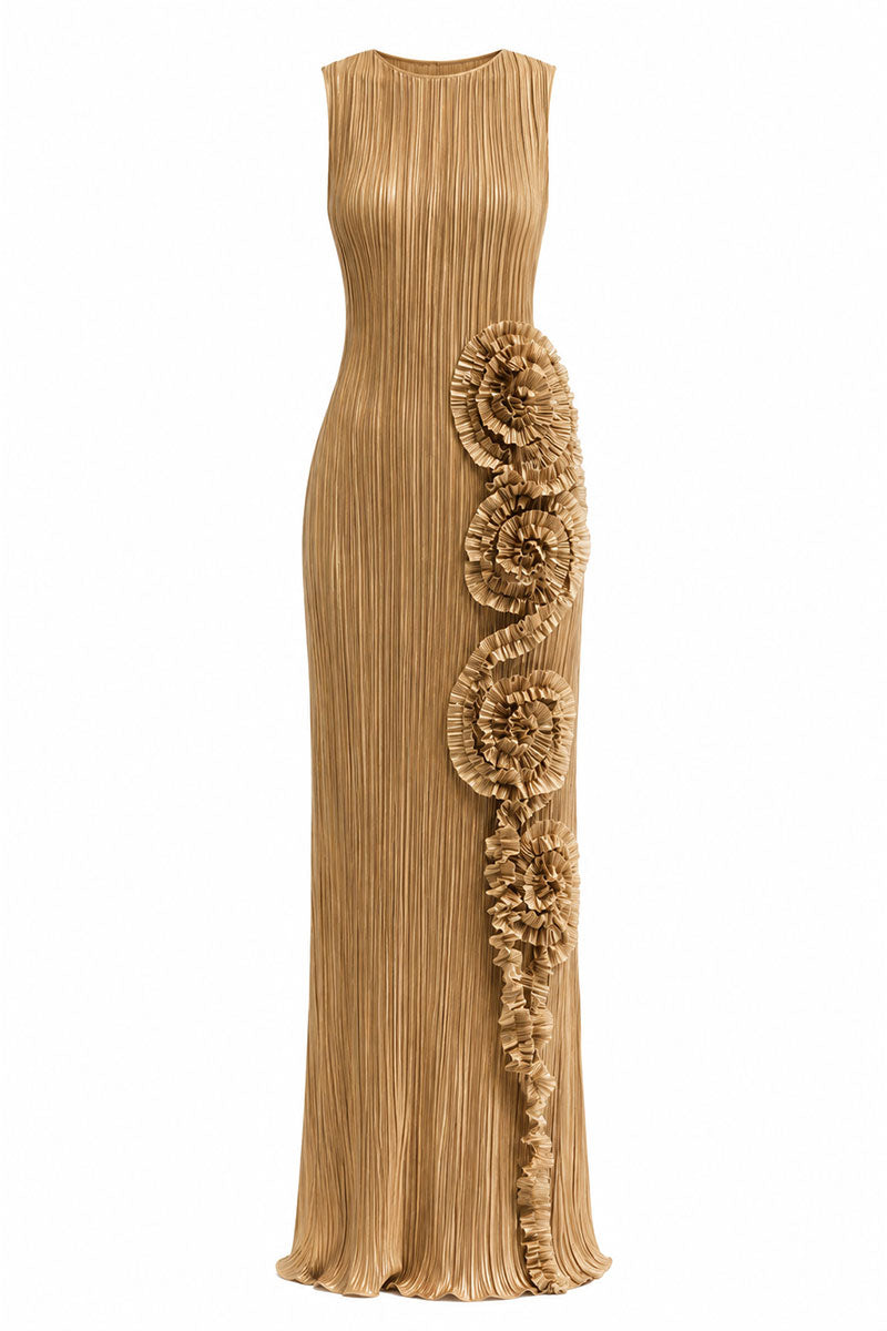 Maylé Vásquez Costa Clara gold maxi dress with flowing fabric, elegant design, and stylish silhouette.
