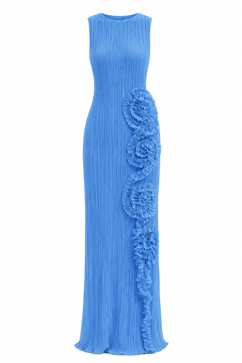 Ice blue Costa Clara maxi dress by Maylé Vásquez, flowing fabric and elegant design, displayed on a hanger.