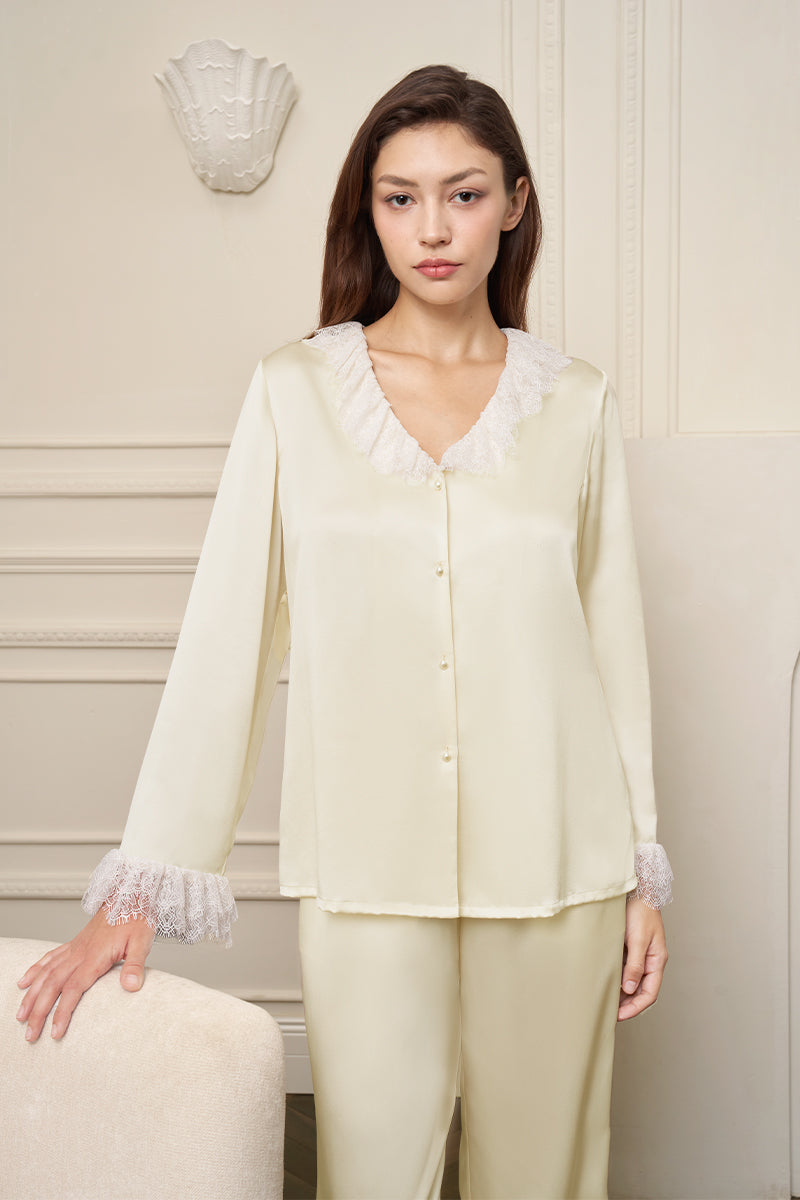 Yellow women's pajama set by MANITO featuring a comfortable, stylish design with a relaxed fit and soft fabric.