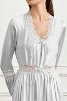 Grey silk women's robe by MANITO featuring smooth fabric and elegant design, perfect for comfortable, stylish loungewear.