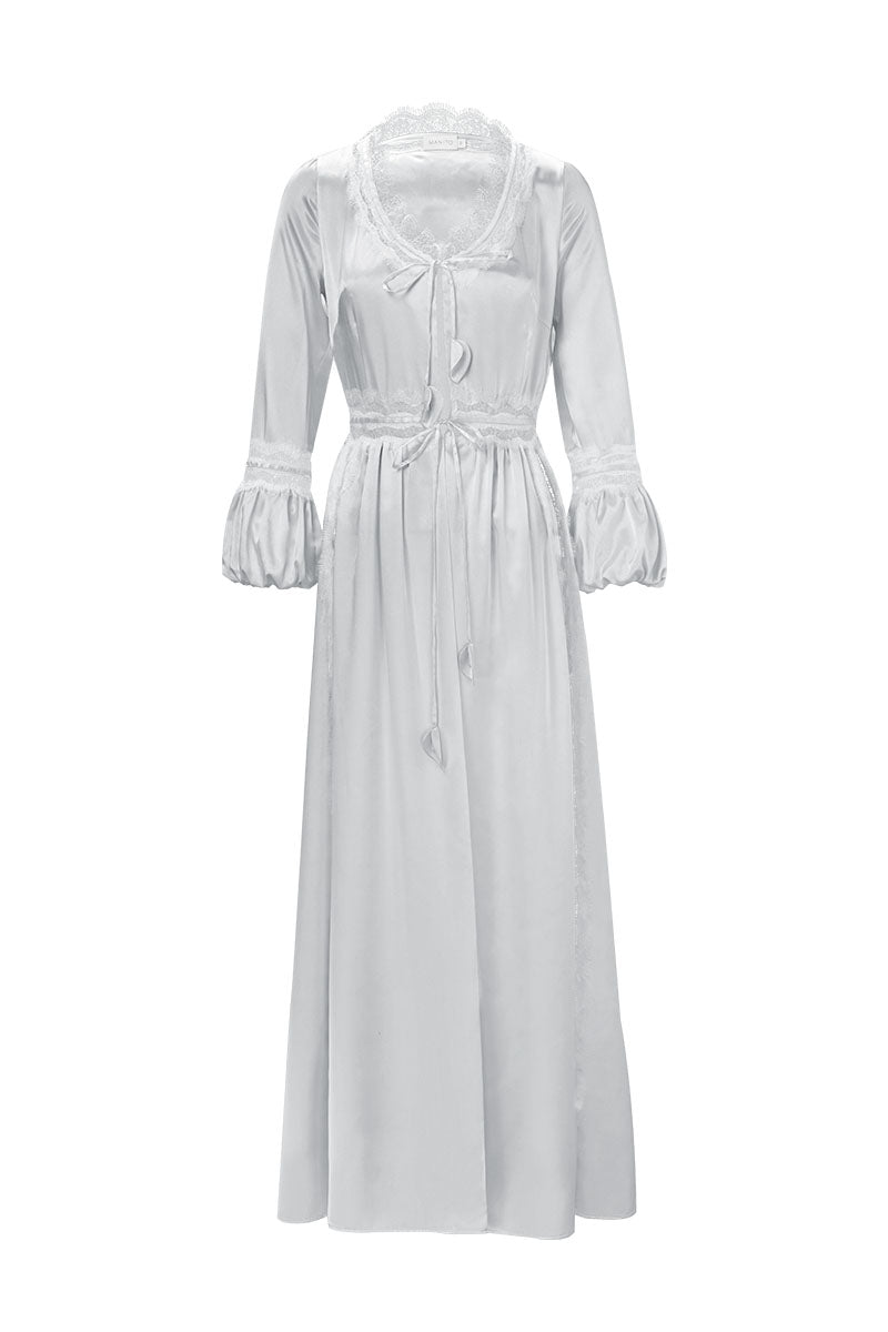 Grey silk women's robe from the MANITO Court collection, featuring a smooth, luxurious fabric and elegant design.