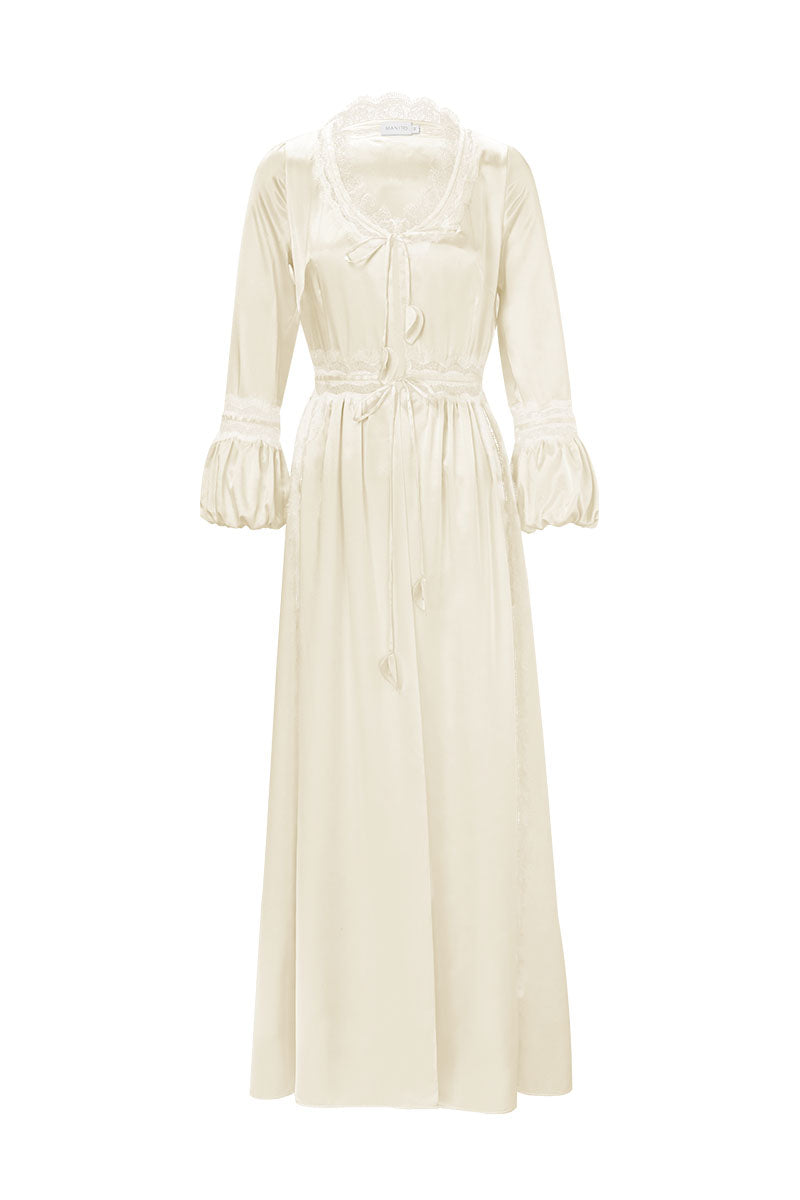 Yellow silk robe for women from MANITO, featuring a smooth, luxurious fabric and elegant design, perfect for comfortable lounging.