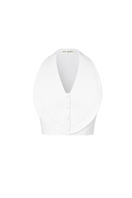 Ivory COVA crop top by ANA + MARIA, shown on a model with a fitted neckline and stylish short sleeves.