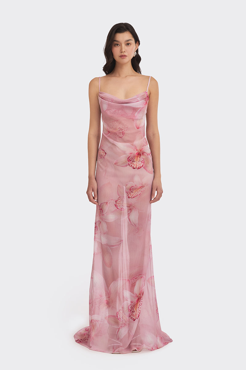 COWL NECK ORCHID PRINT MAXI DRESS