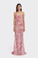 Cowl neck orchid print maxi dress by Stolen Stores featuring a flowing silhouette and elegant floral pattern.