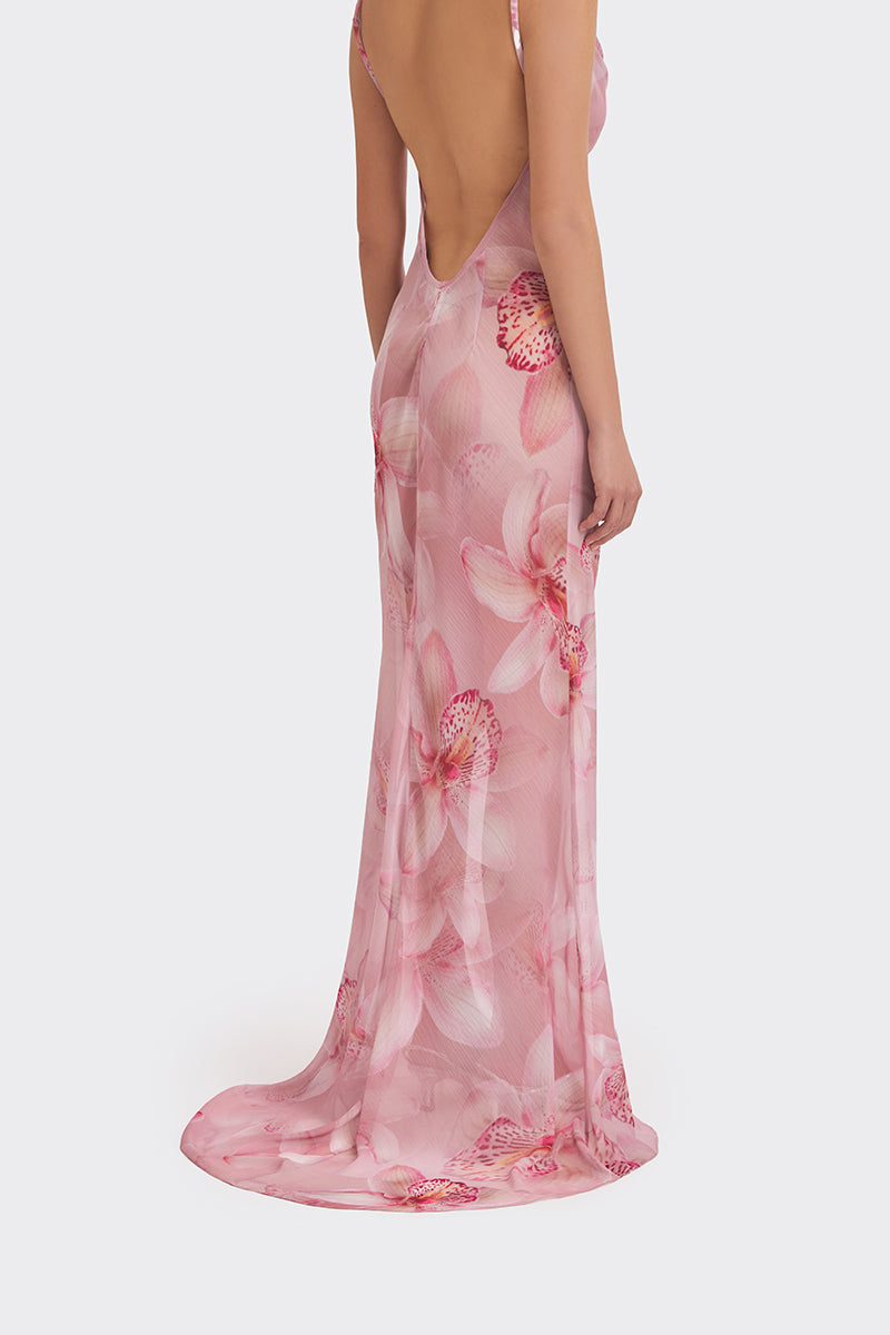 Cowl neck orchid print maxi dress by Stolen Stores, flowing fabric with a stylish cowl neckline and vibrant floral pattern.