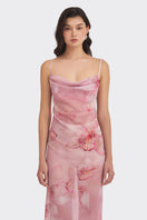 Cowl neck orchid print maxi dress by Stolen Stores featuring a flowing silhouette and elegant floral pattern.