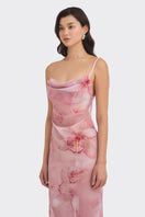 Cowl neck orchid print maxi dress by Stolen Stores, featuring a flowing silhouette and elegant floral pattern.