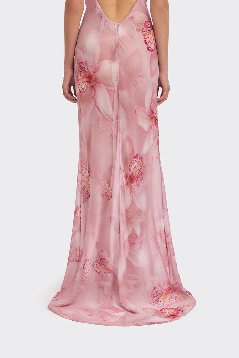 Cowl neck orchid print maxi dress from Stolen Stores featuring a flowing silhouette and vibrant floral pattern.