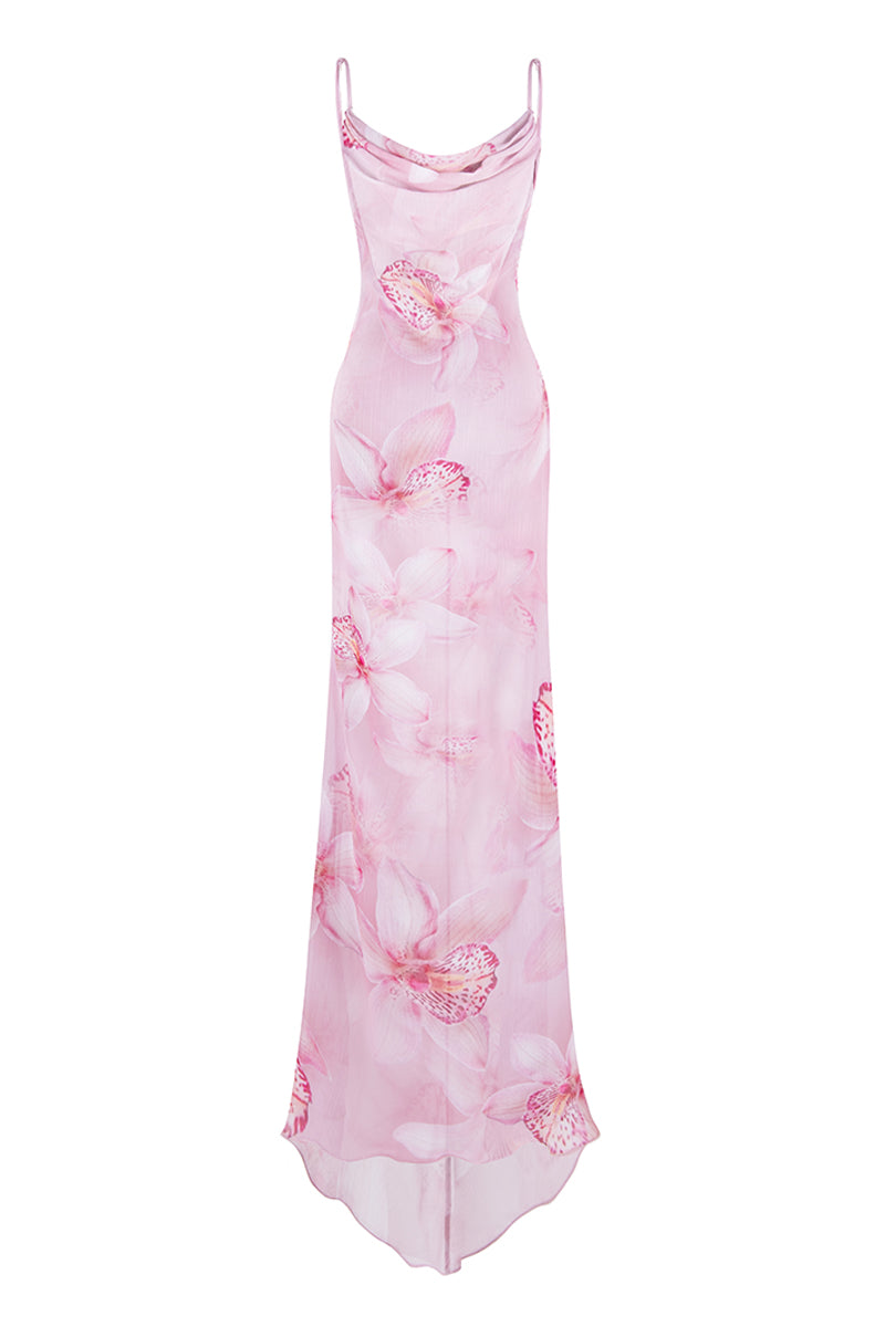 COWL NECK ORCHID PRINT MAXI DRESS