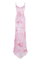 Stolen Stores orchid print cowl neck maxi dress featuring a flowing silhouette and elegant design for stylish occasions.