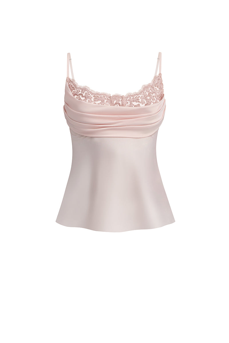 Light pink cowl neck lace top by Stolen Stores, featuring a flowy fabric and elegant neckline, perfect for stylish casual wear.