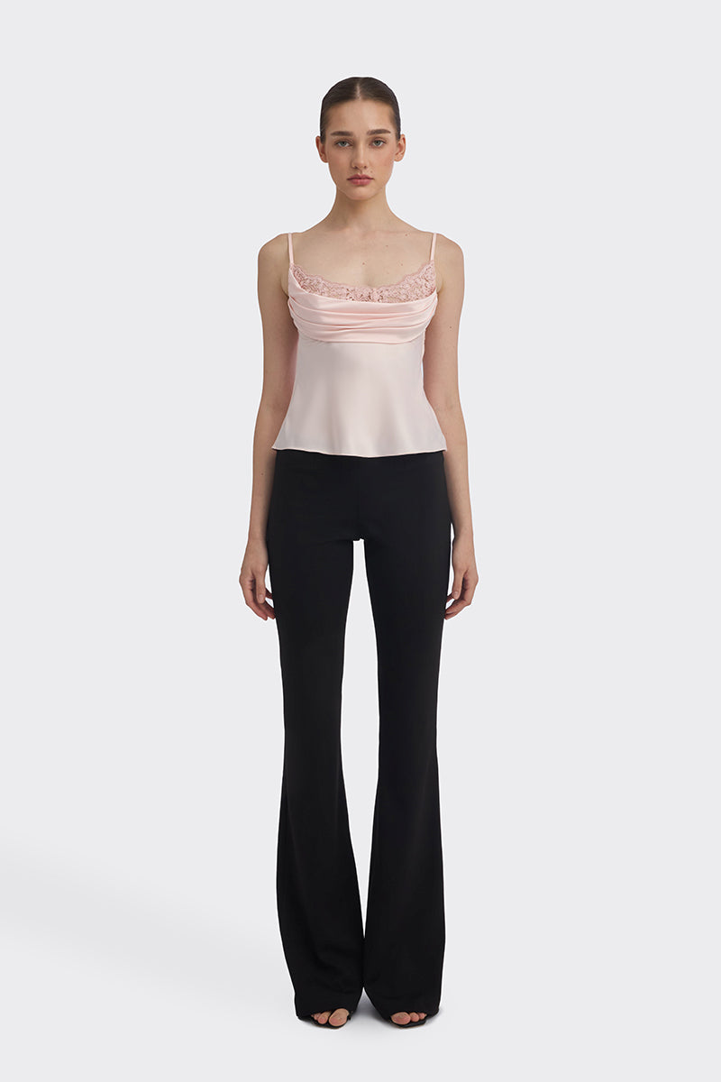 Light pink cowl neck lace top from Stolen Stores, stylish and elegant women's blouse with draped neckline and delicate lace details.
