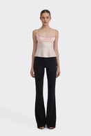 Light pink cowl neck lace top from Stolen Stores, stylish and elegant women's blouse with draped neckline and delicate lace details.