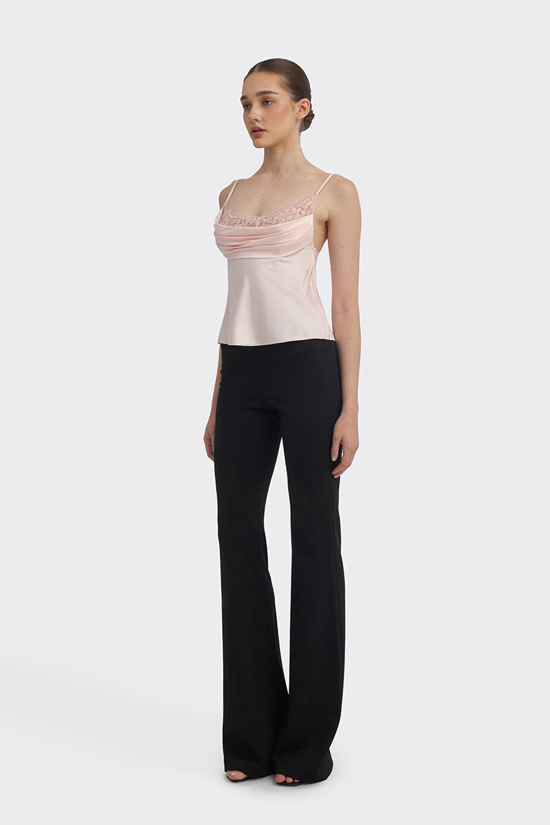 Light pink cowl neck lace top by Stolen Stores, stylish women's blouse with soft fabric and elegant drape.
