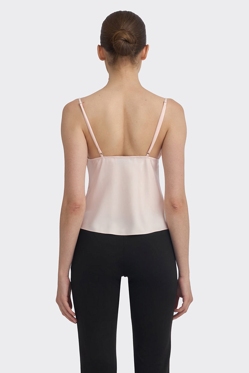 Light pink cowl neck lace top by Stolen Stores, stylish women's tops with soft fabric and elegant drape.