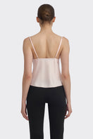 Light pink cowl neck lace top by Stolen Stores, stylish women's tops with soft fabric and elegant drape.