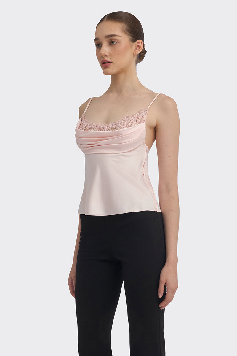 Light pink cowl neck lace top from Stolen Stores, featuring a stylish and feminine design perfect for casual or dressy occasions.