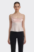 Light pink cowl neck lace top by Stolen Stores, shown on a model, featuring a stylish draped neckline and delicate lace details.