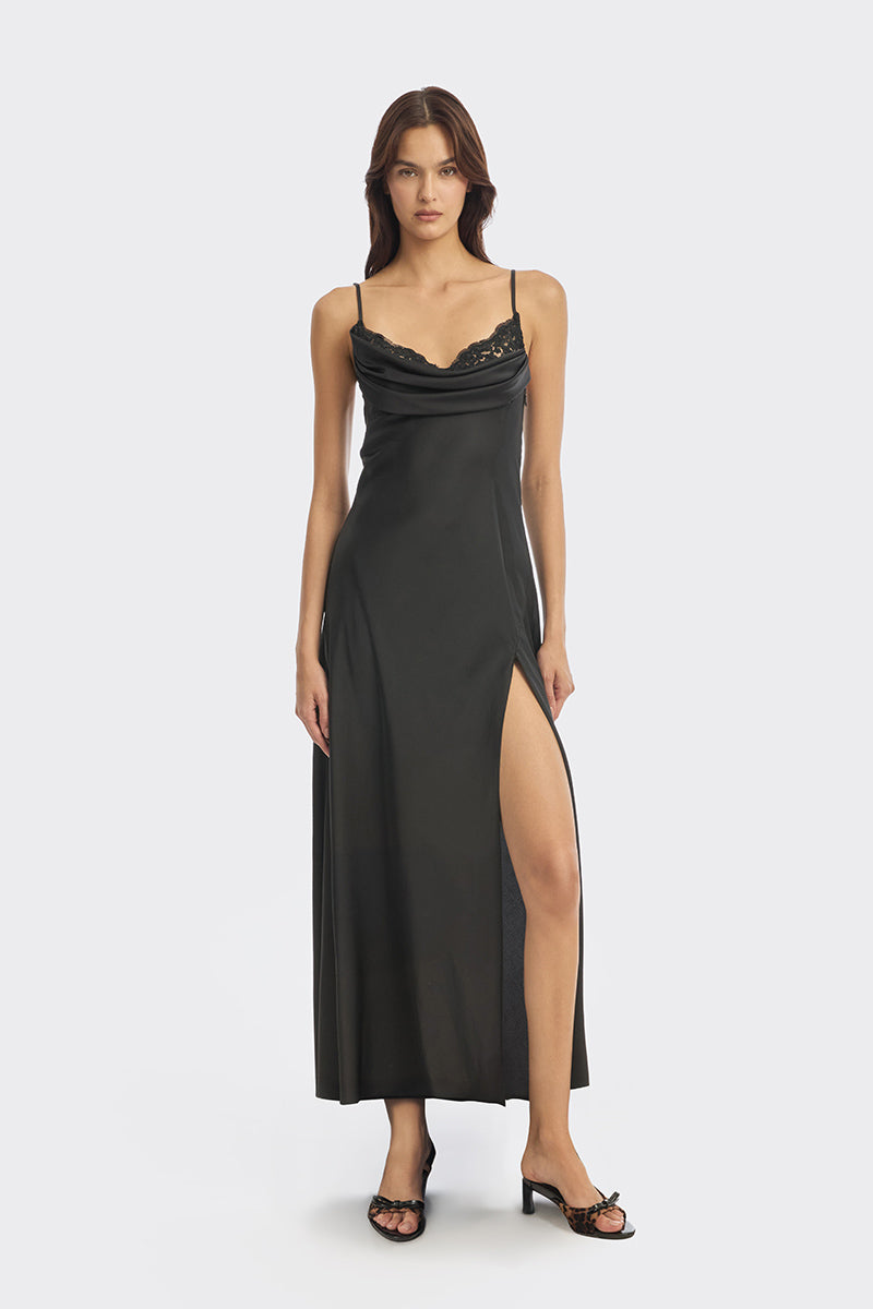 Black cowl neck lace midi dress by Stolen Stores, featuring a stylish draped neckline and elegant silhouette.