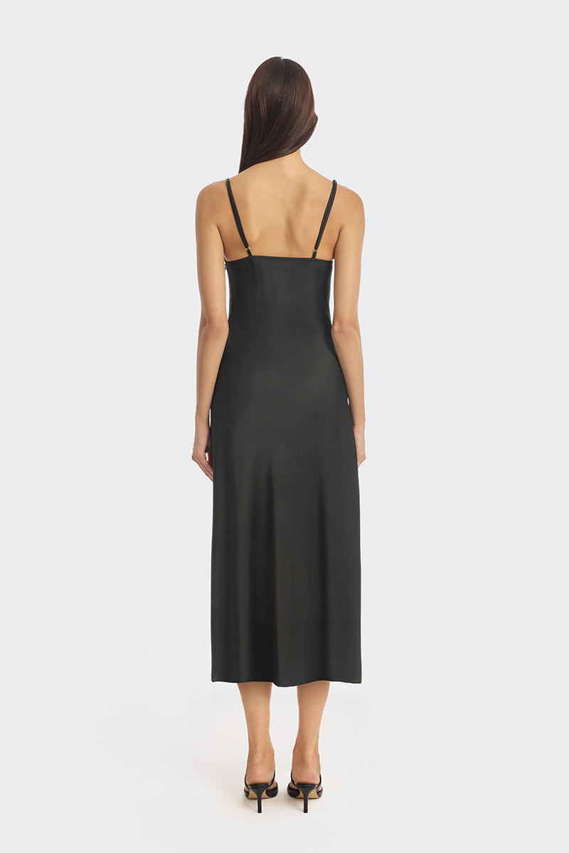 Black cowl neck lace midi dress by Stolen Stores, featuring elegant drape and fitted silhouette, perfect for stylish occasions.