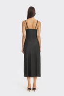 Black cowl neck lace midi dress by Stolen Stores, featuring elegant drape and fitted silhouette, perfect for stylish occasions.
