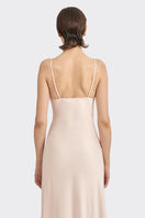 Light pink cowl neck lace midi dress by Stolen Stores, featuring a flowing silhouette and elegant design.