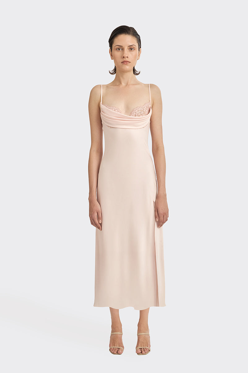 Light pink cowl neck lace midi dress by Stolen Stores, featuring a stylish cowl neckline and elegant midi length.