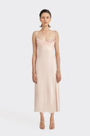 Light pink cowl neck lace midi dress by Stolen Stores, featuring a stylish cowl neckline and elegant midi length.