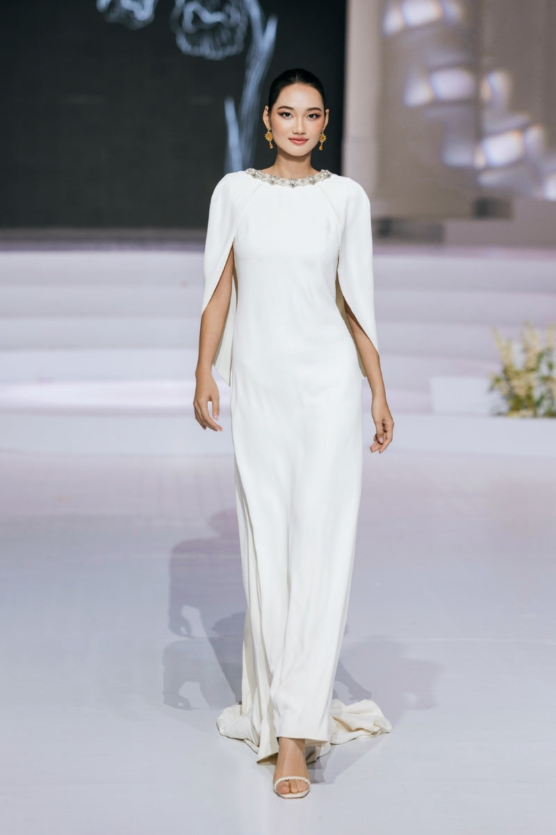 COWL BACK GOWN WITH CAPE SLEEVE