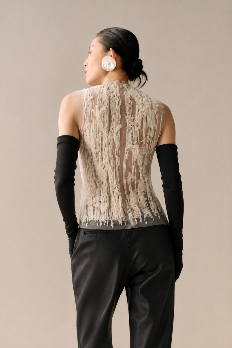 White Leacia craft embroidered see-through top featuring delicate embroidery and lightweight, sheer fabric for a stylish, airy look.
