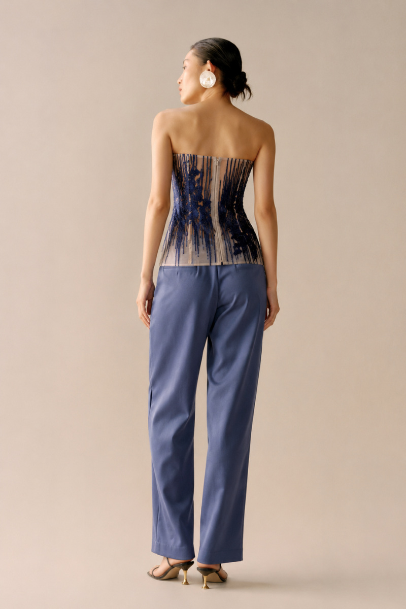 Lecia craft embroidered see-through tube top in vibrant lumin blue, featuring intricate embroidery and lightweight fabric.