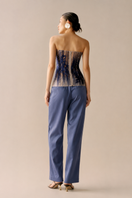 Lecia craft embroidered see-through tube top in vibrant lumin blue, featuring intricate embroidery and lightweight fabric.