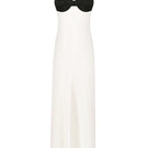 Cream silk maxi dress with black detail from ELENAREVA, flowing fabric and elegant design, displayed on a hanger.