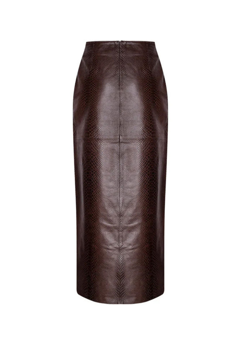 ZUT Lauren long skirt in chocolate crocodile-embossed leather, elegant maxi skirt with textured finish, stylish and versatile.