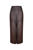 ZUT Lauren long maxi skirt in chocolate crocodile-embossed leather with a flowing silhouette and stylish design.