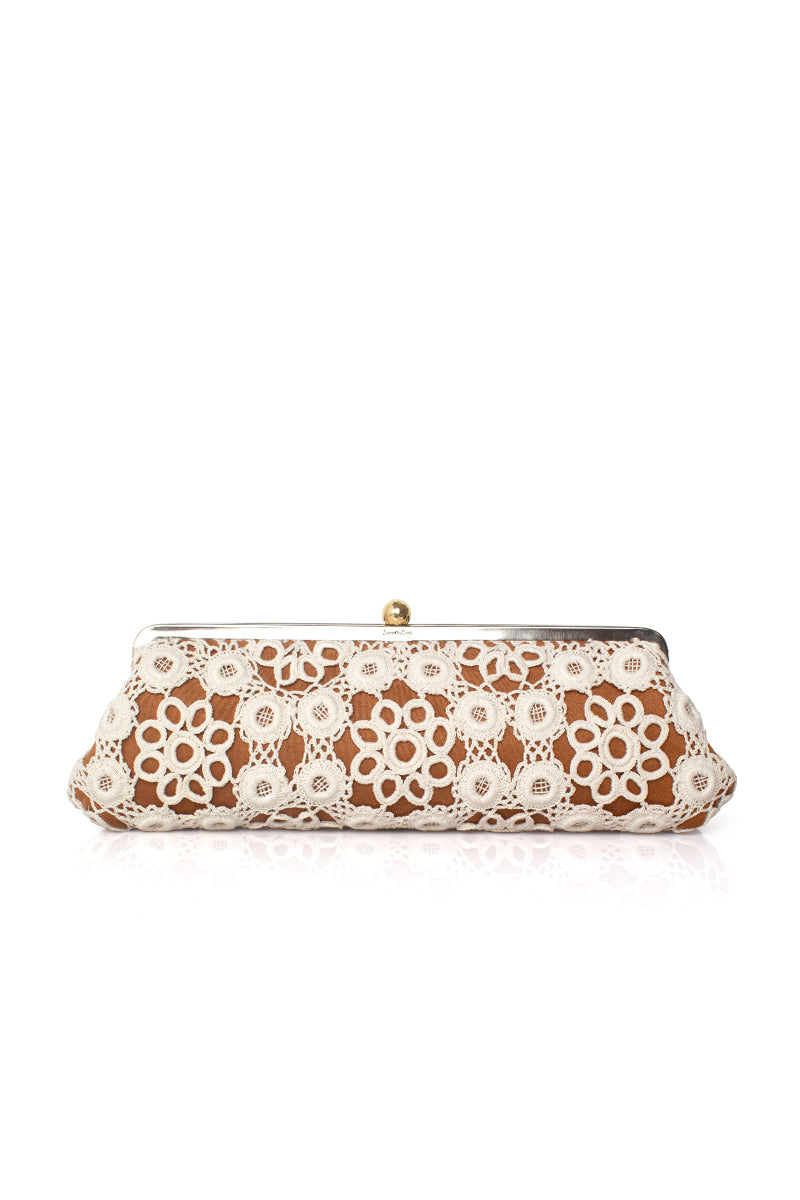 Crochet on Havane Le Long clutch by Sarah's Bag featuring intricate crochet detailing in a long, elegant design.