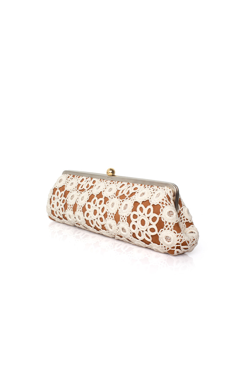 Sarah's Bag crochet Havane clutch bag in a long design with intricate crochet details and a warm, earthy color.
