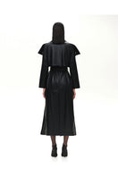 Black croco embossed leather trench coat by Kris Marán, showing textured crocodile pattern on the back of the stylish coat.