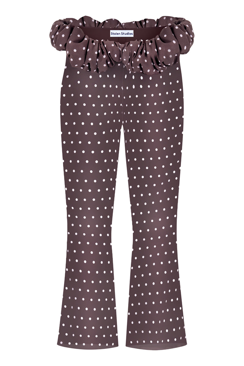 Brown polka dot Capri pants by Stolen Stores featuring a relaxed fit and stylish design, perfect for casual wear.