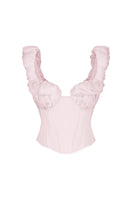 Pink croissant-style corset bustier top by Stolen Stores, featuring fitted design and stylish details.