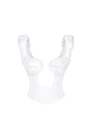 Off-white croissant-shaped bustier corset top by Stolen Stores, featuring structured design and fitted style.