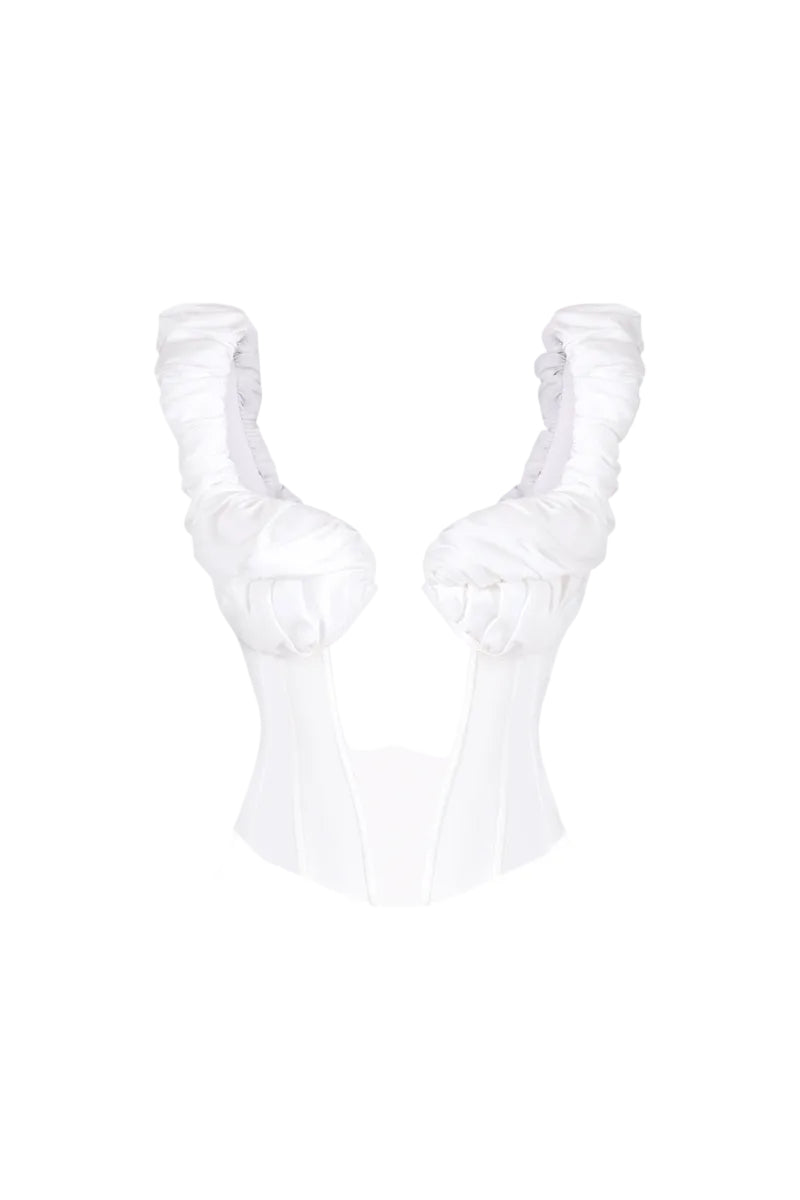 Off-white croissant-shaped bustier corset top by Stolen Stores, featuring structured design and fitted style.